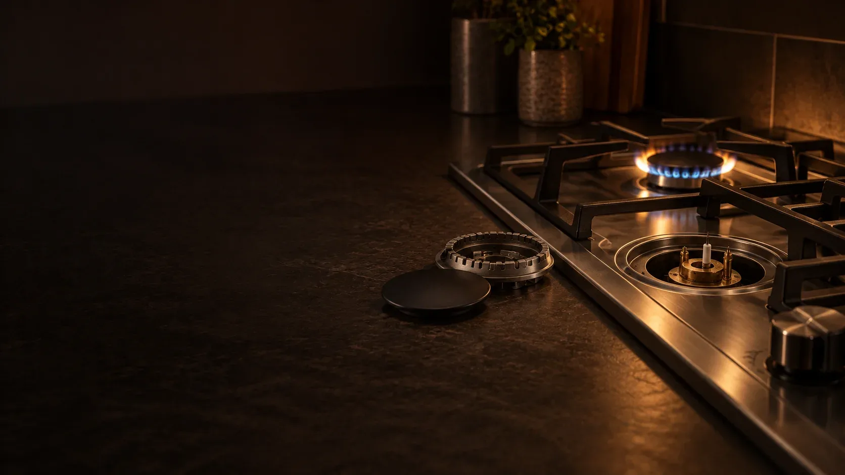Gas cooktop with one burner cap lifted off beside it in a Keller kitchen