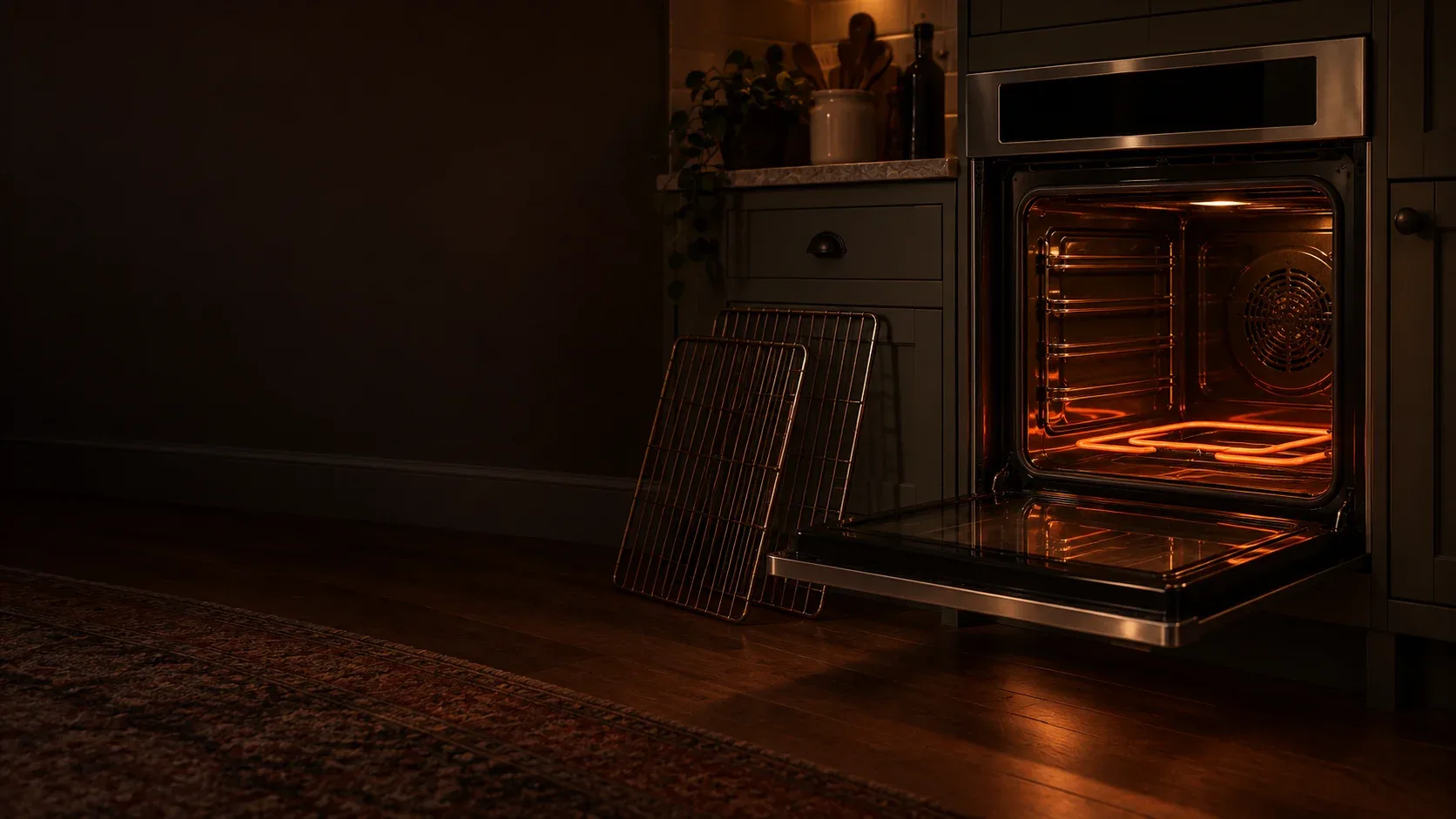 Wall oven with the door open and the bake element exposed in a Keller kitchen