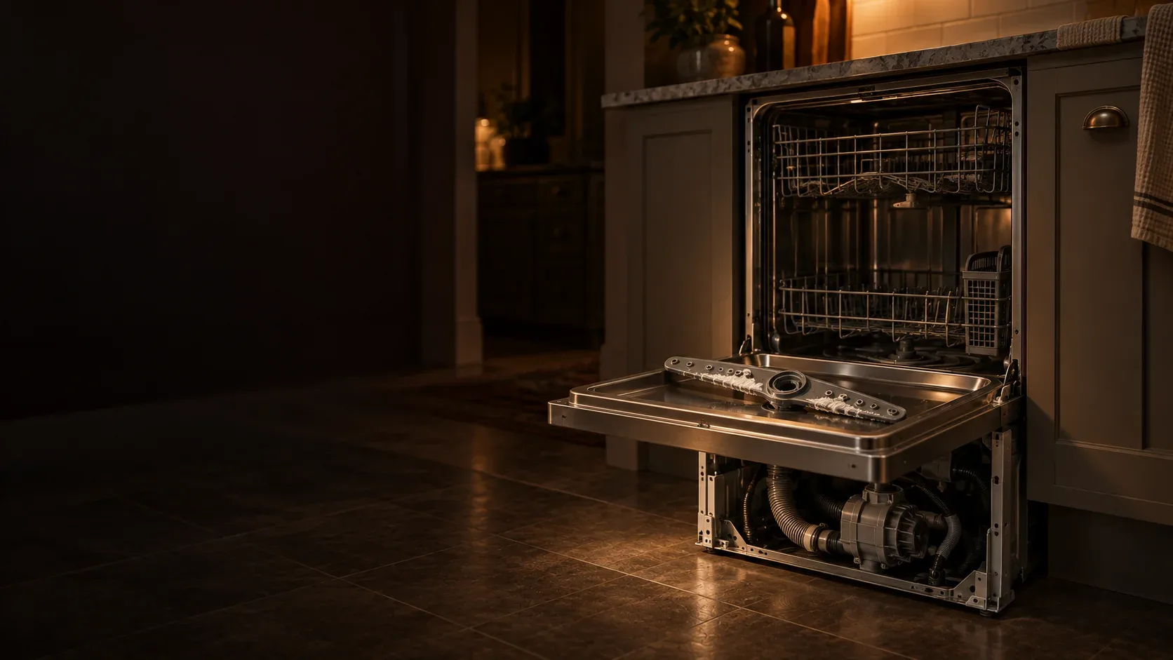 Built-in dishwasher slid forward from under a Keller kitchen counter with the kick plate off