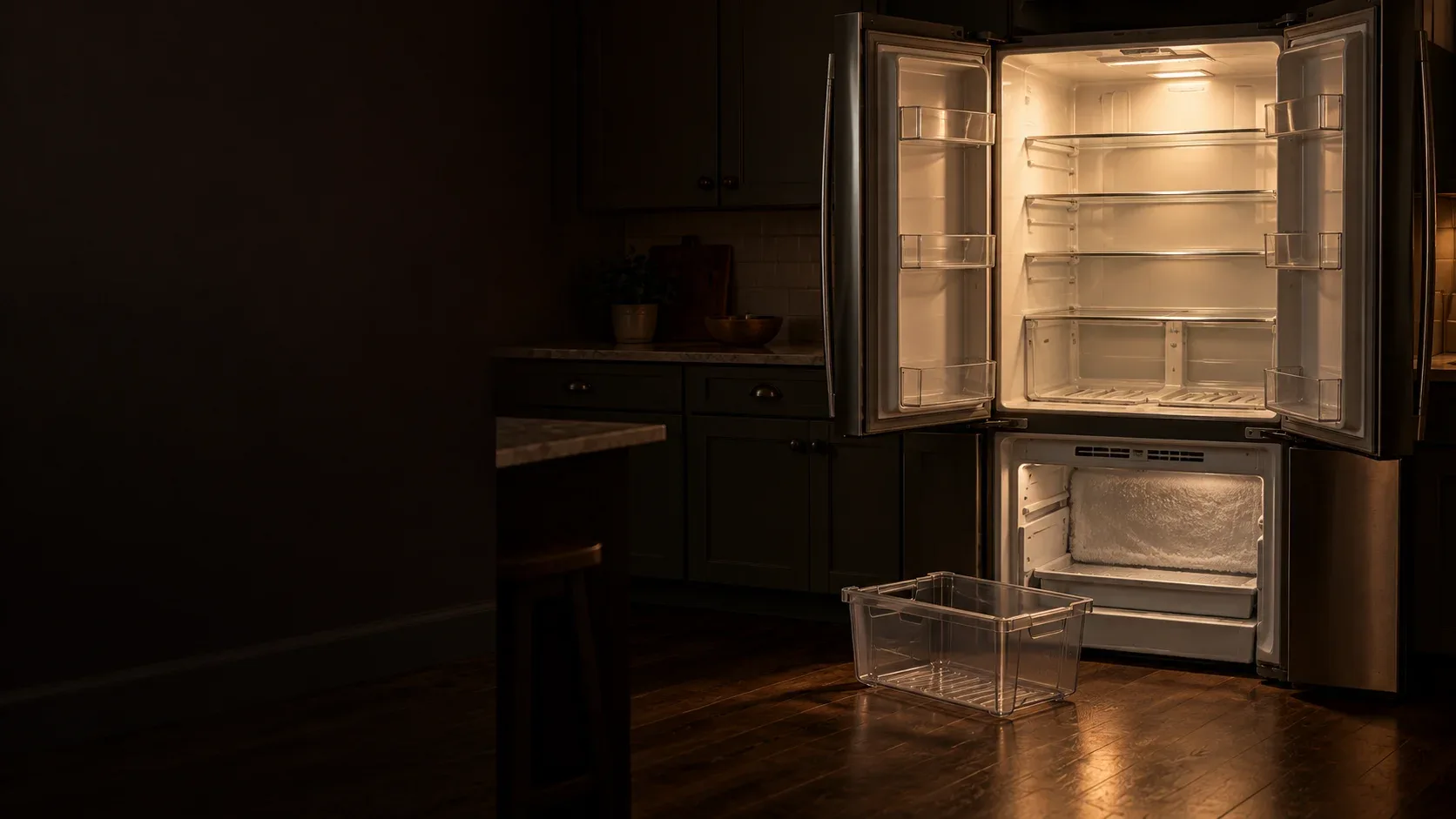 Open refrigerator in a Keller kitchen with the crisper drawer out and frost at the rear wall
