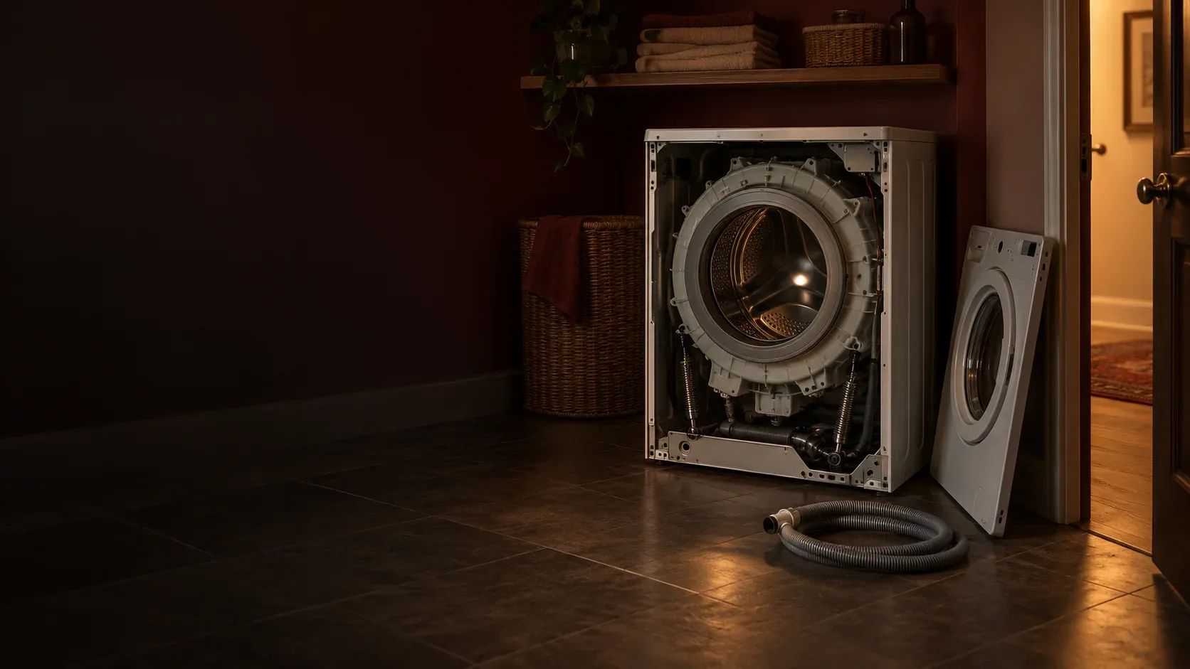 Front load washer pulled out from a Keller laundry alcove with the front panel off